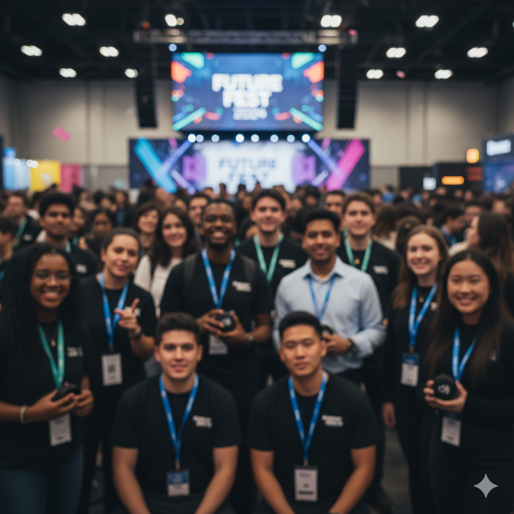 Conference check-in desk with attendees
